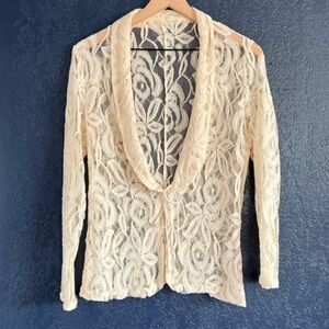 Beige Tie Front Lace Cardigan